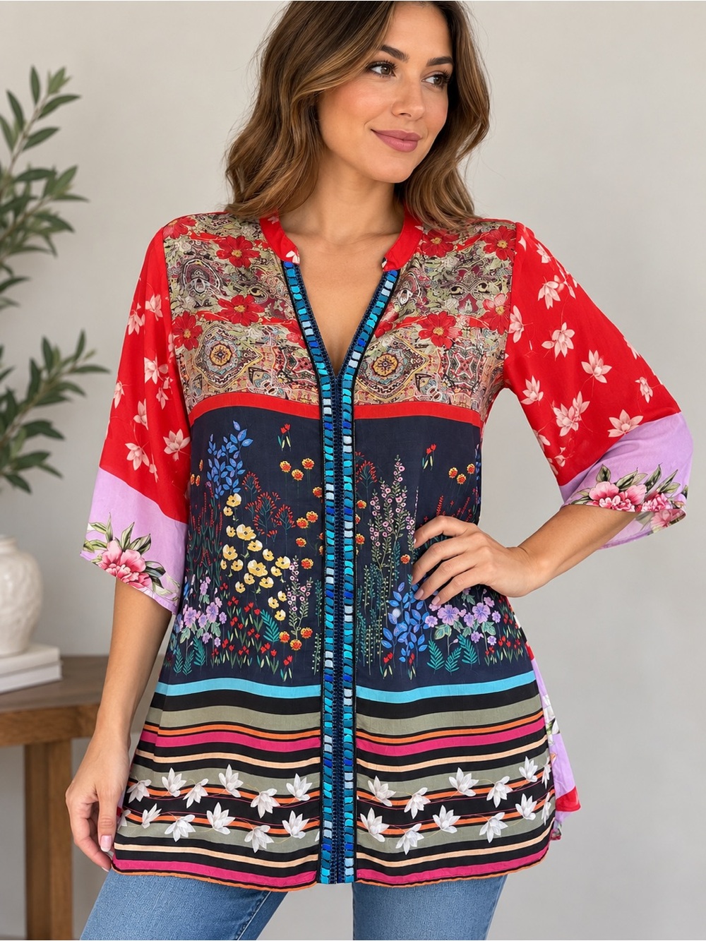 Johnny Was Floral Paisley Tunic
Blouse Multicolor V-Neck 3/4
Sleeve Size L